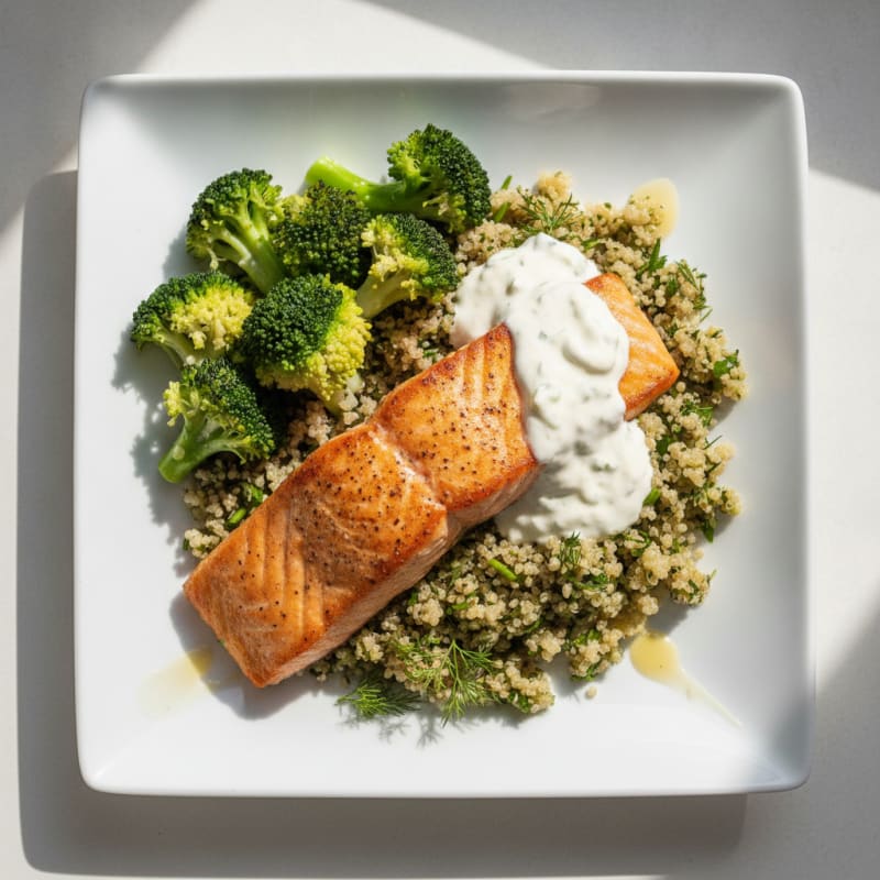 Pan-Seared Salmon with Herbed Quinoa and Steamed Broccoli