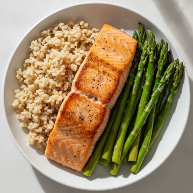 Seared Salmon with Steamed Asparagus and Brown Rice