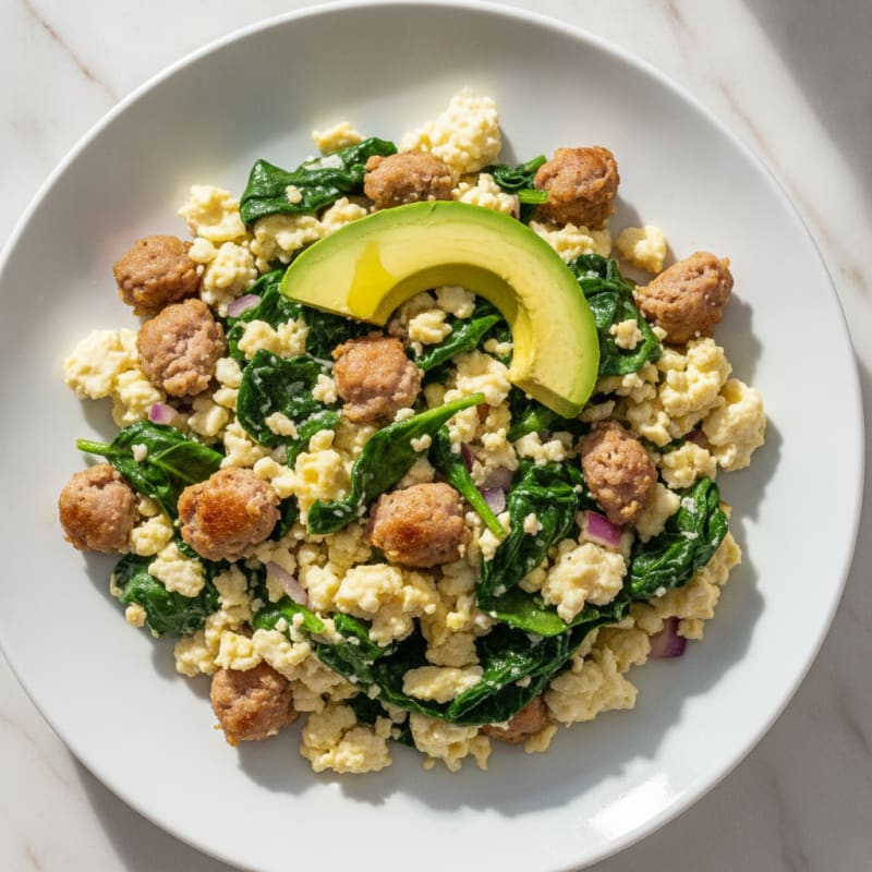 Egg White Scramble with Turkey Sausage and Sautéed Spinach