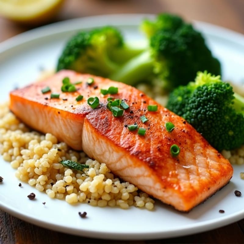 Seared Salmon with Steamed Broccoli and Quinoa