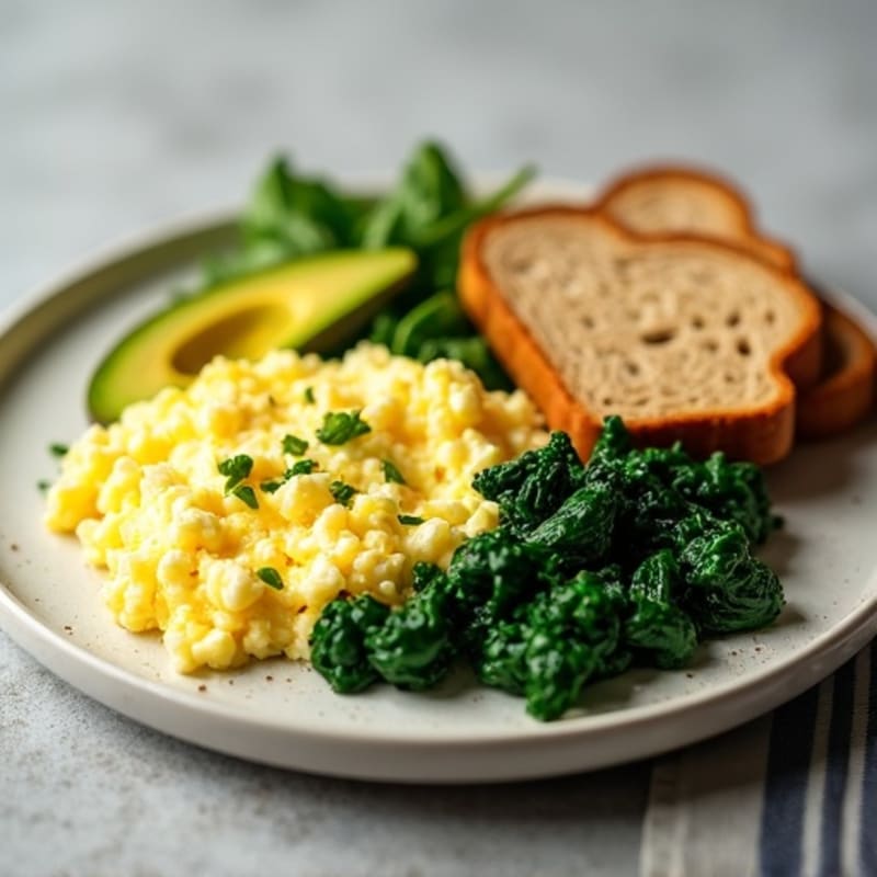 Scrambled Eggs with Cottage Cheese and Sautéed Spinach