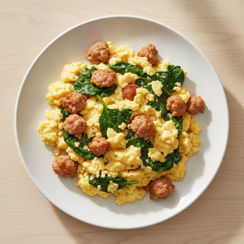 Creamy Scrambled Eggs with Turkey Sausage and Sautéed Spinach