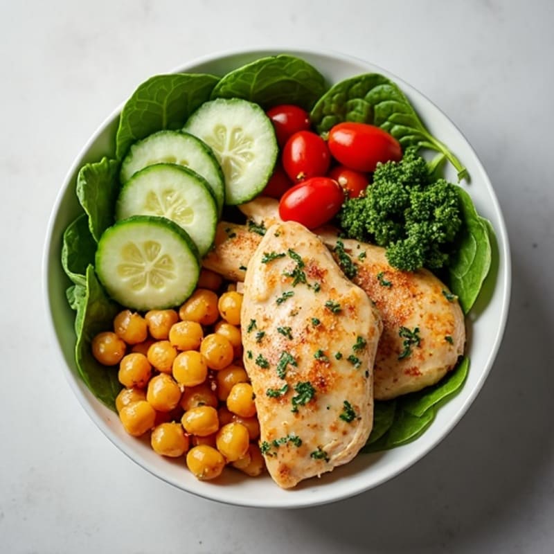 Lemon-Herb Roasted Chicken and Crispy Chickpea Power Bowl with Creamy Tahini Dressing