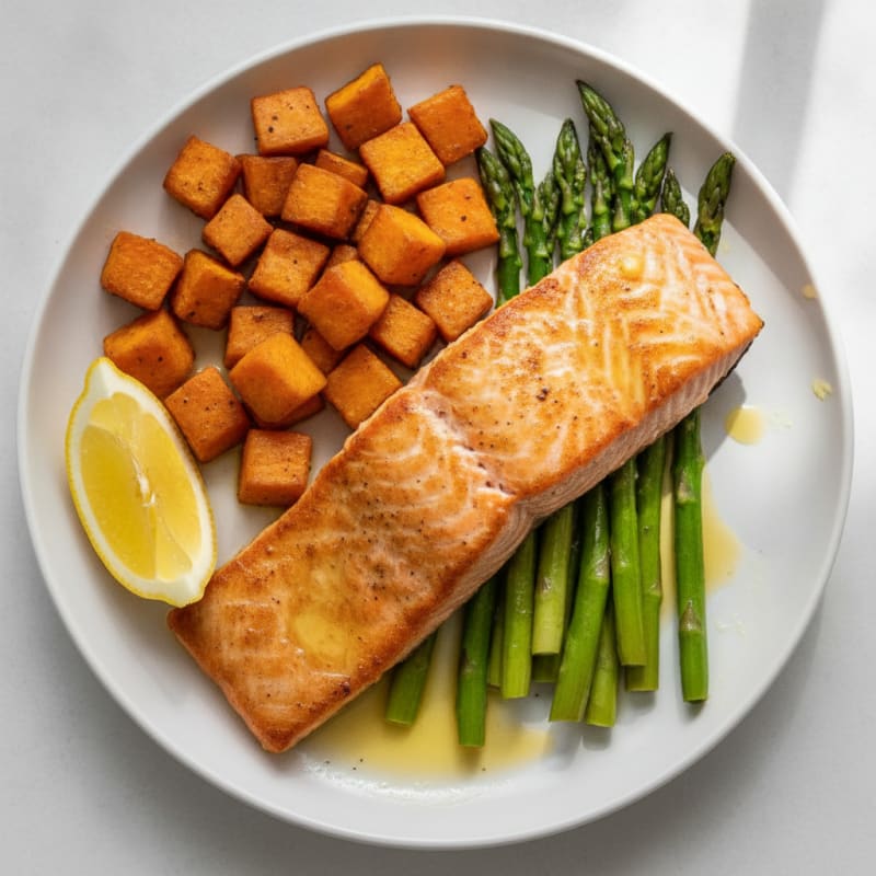 Seared Salmon with Roasted Sweet Potatoes and Asparagus