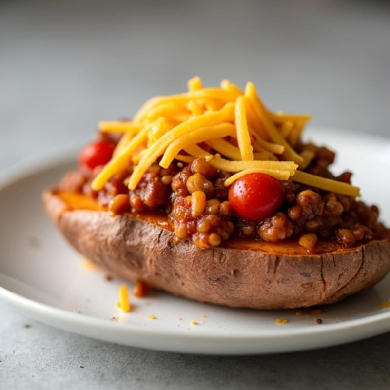 Hearty Baked Sweet Potato with Lean Turkey Chili and Melted Cheddar