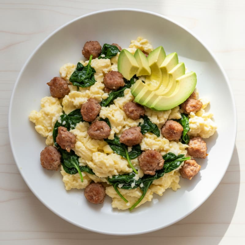 Egg White Scramble with Turkey Sausage and Sautéed Spinach