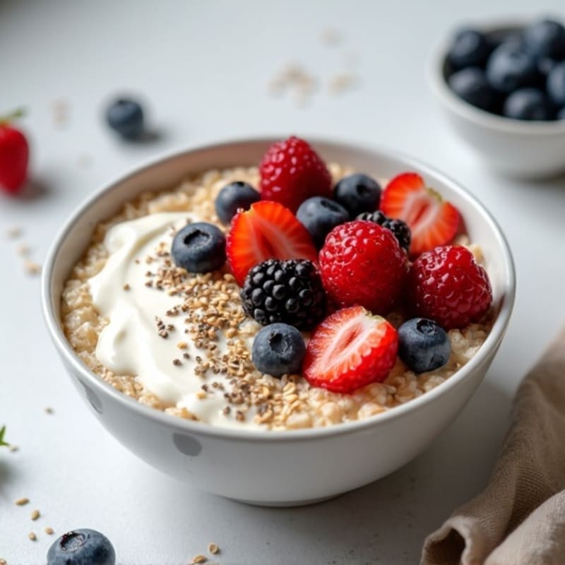 Creamy Oats with Greek Yogurt, Mixed Berries, and Chia Seeds
