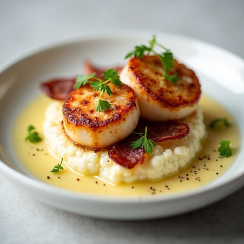 Seared Scallops with Creamy Cauliflower Puree and Crispy Prosciutto