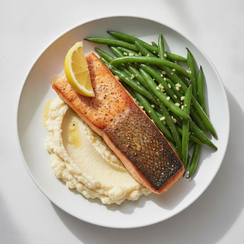 Seared Salmon with Garlic Green Beans and Cauliflower Mash