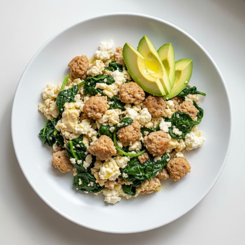 Egg White and Turkey Sausage Scramble with Cottage Cheese and Sautéed Spinach