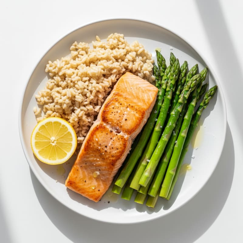 Seared Salmon Fillet with Steamed Asparagus and Brown Rice