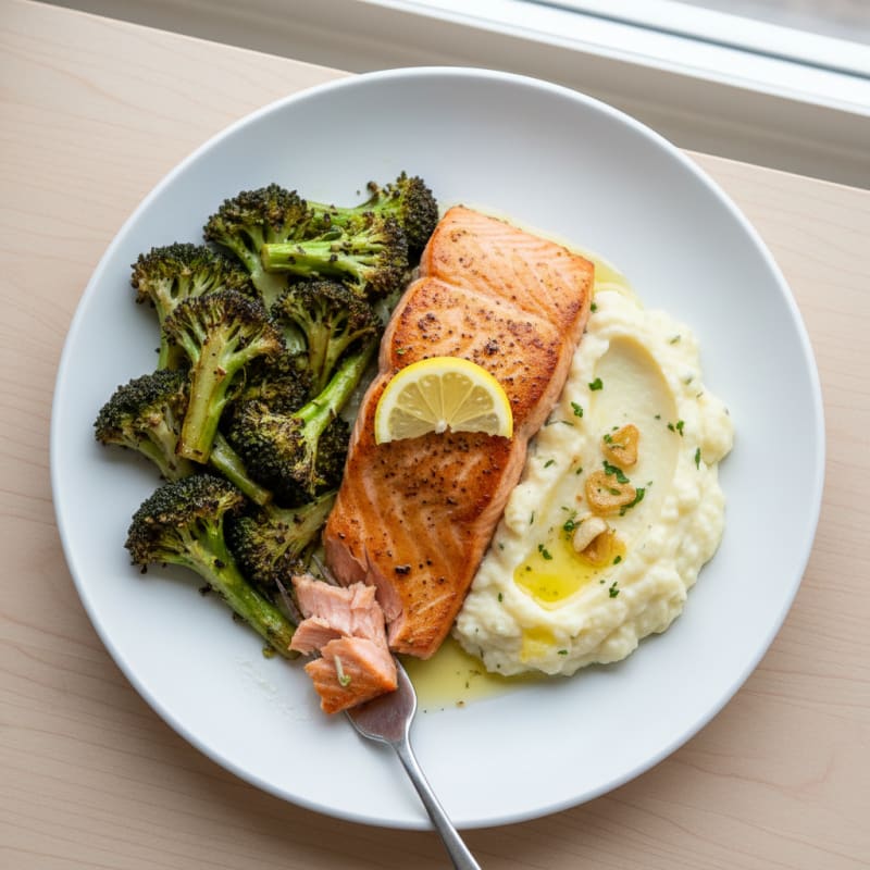 Seared Salmon Fillet with Roasted Broccoli and Garlic Mashed Cauliflower