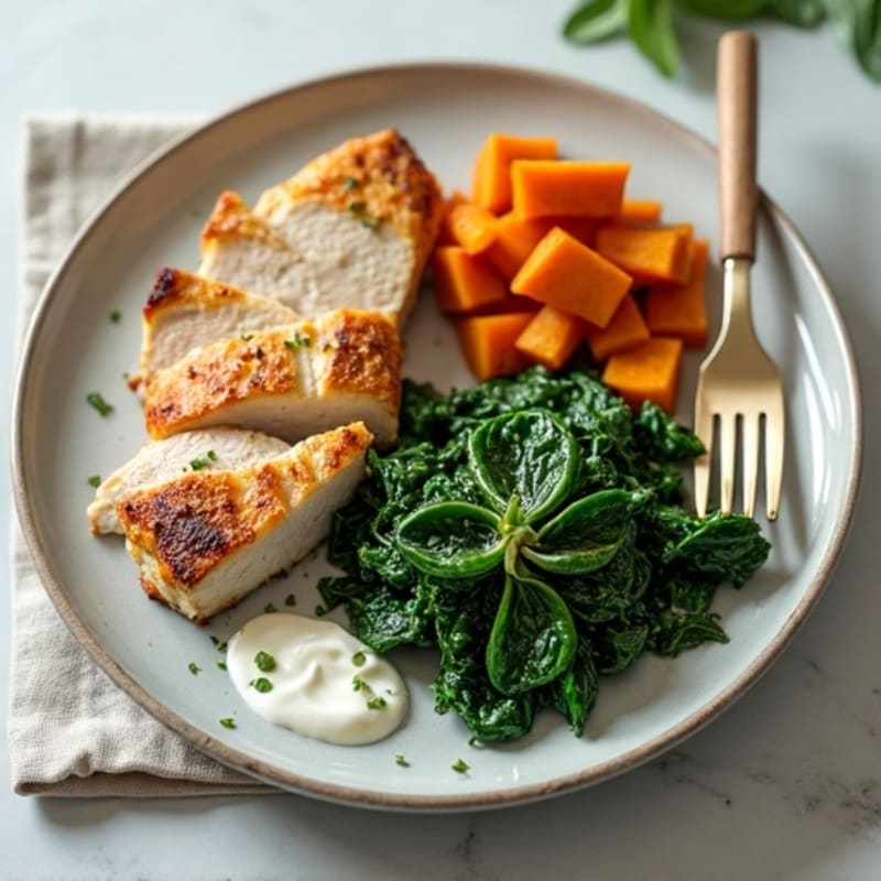 Seared Turkey Breast with Roasted Sweet Potatoes and Sautéed Spinach