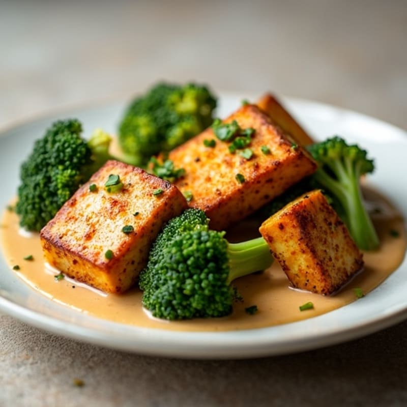 Crispy Tofu with Roasted Broccoli and Creamy Peanut Sauce