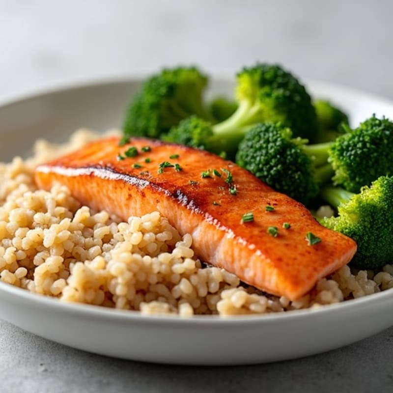Seared Salmon with Steamed Broccoli and Brown Rice