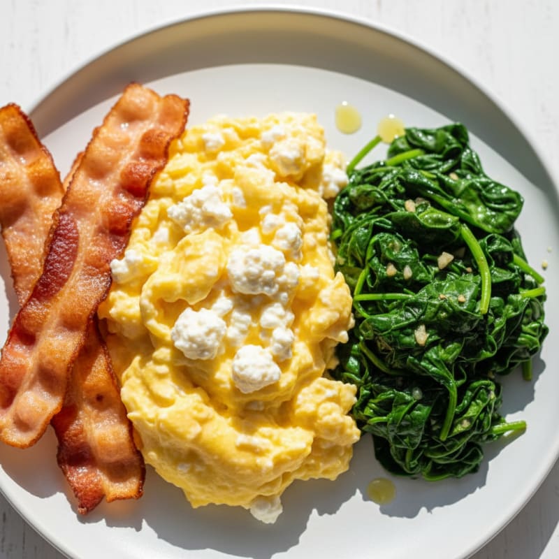 Cottage Cheese Scramble with Turkey Bacon and Sautéed Spinach