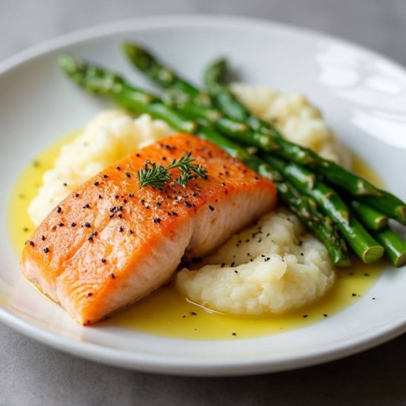 Seared Salmon with Steamed Asparagus and Cauliflower Mash