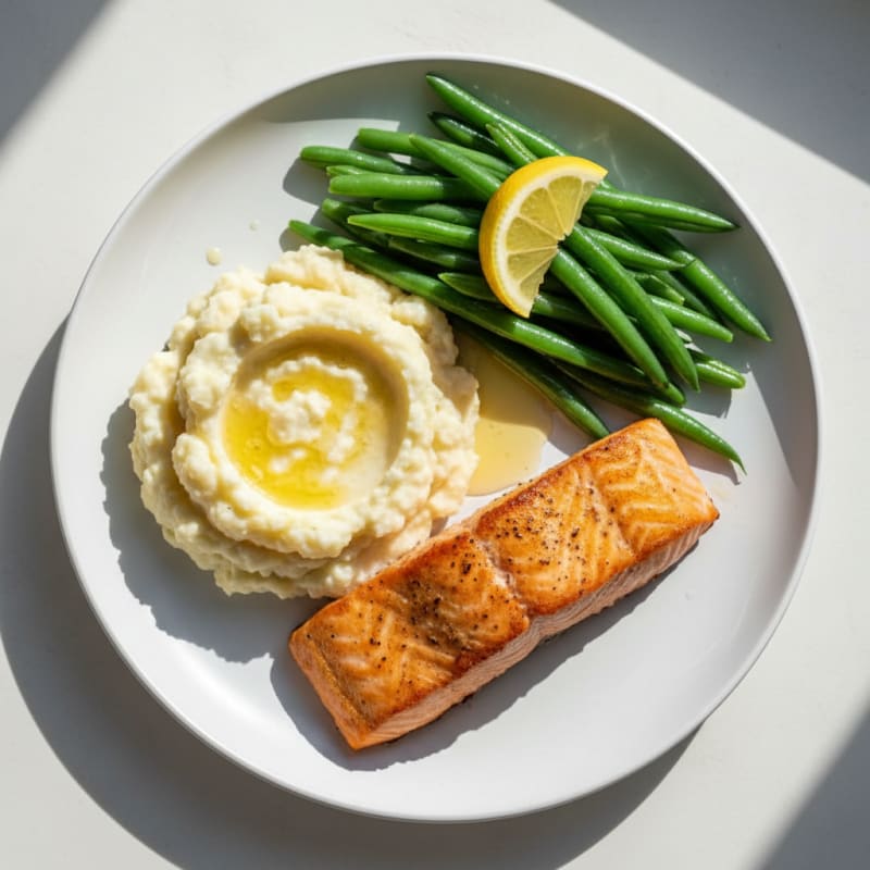 Seared Salmon with Steamed Green Beans and Garlic Mashed Cauliflower