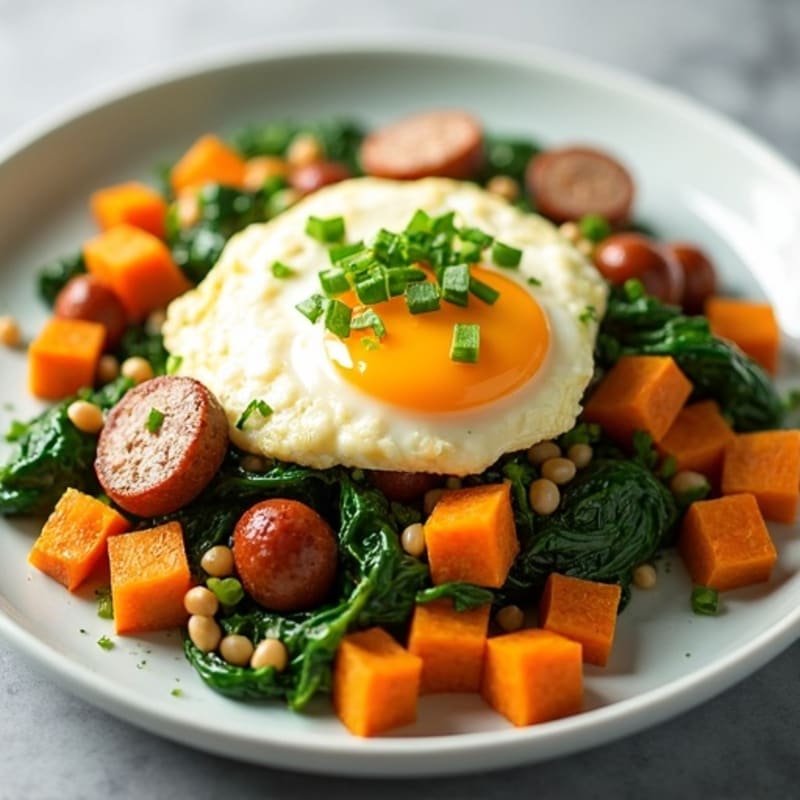 Egg White and Turkey Sausage Scramble with Spinach and Sweet Potato