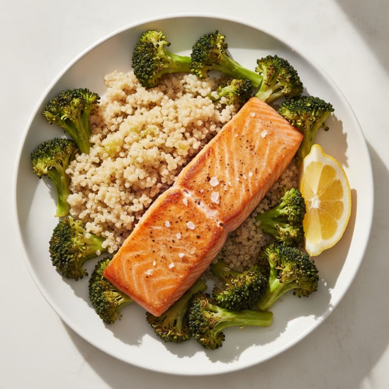 Seared Salmon with Roasted Broccoli and Quinoa