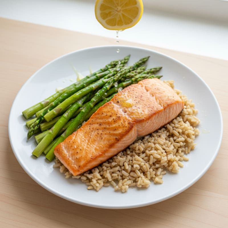 Seared Salmon with Steamed Asparagus and Brown Rice