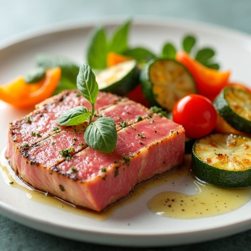 Healthy Seared Ahi Tuna with Creamy Wasabi Mayo and Roasted Veggies