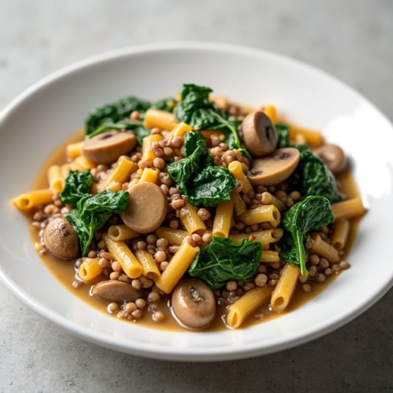 Silky Truffle Mushroom Sauce with Chickpea Pasta and Wilted Spinach