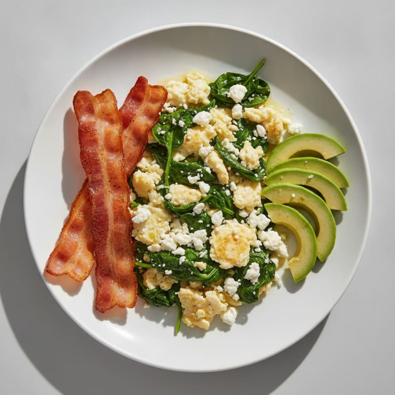 Crispy Turkey Bacon and Egg White Scramble with Spinach and Feta