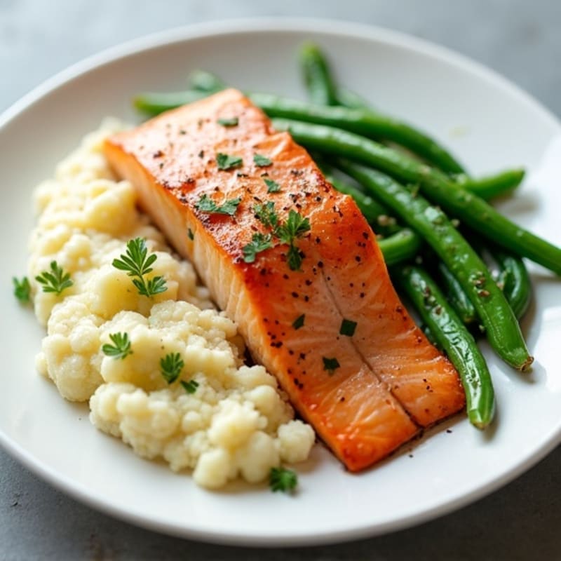 Seared Salmon with Steamed Green Beans and Cauliflower Mash