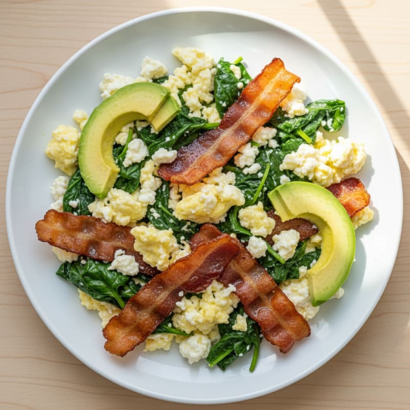 Cottage Cheese Egg Scramble with Spinach and Turkey Bacon