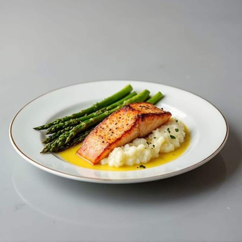 Seared Salmon with Steamed Asparagus and Cauliflower Mash