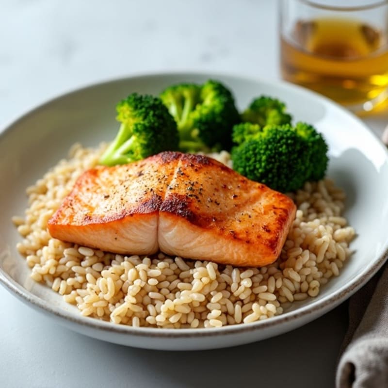 Seared Salmon with Steamed Broccoli and Brown Rice