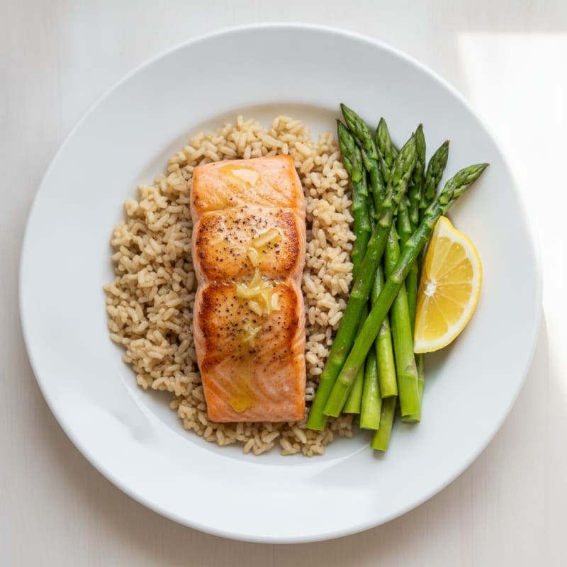 Seared Salmon Fillet with Steamed Asparagus and Brown Rice