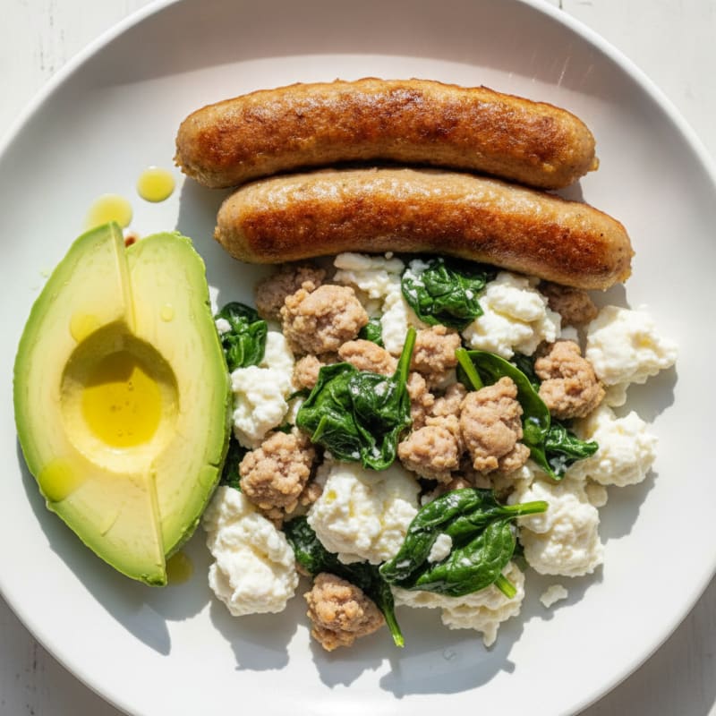 Egg White and Turkey Sausage Scramble with Sautéed Spinach