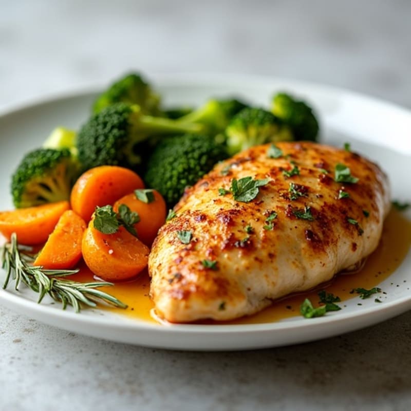Crispy Lemon Herb Roasted Chicken with Sweet Potatoes and Broccoli