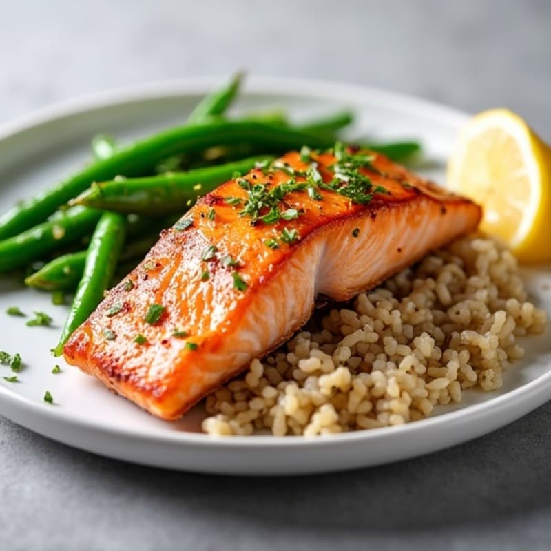 Seared Salmon Fillet with Garlic Green Beans and Brown Rice