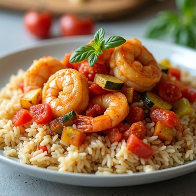 Spicy Tomato Chicken and Shrimp with Rice and Vegetables