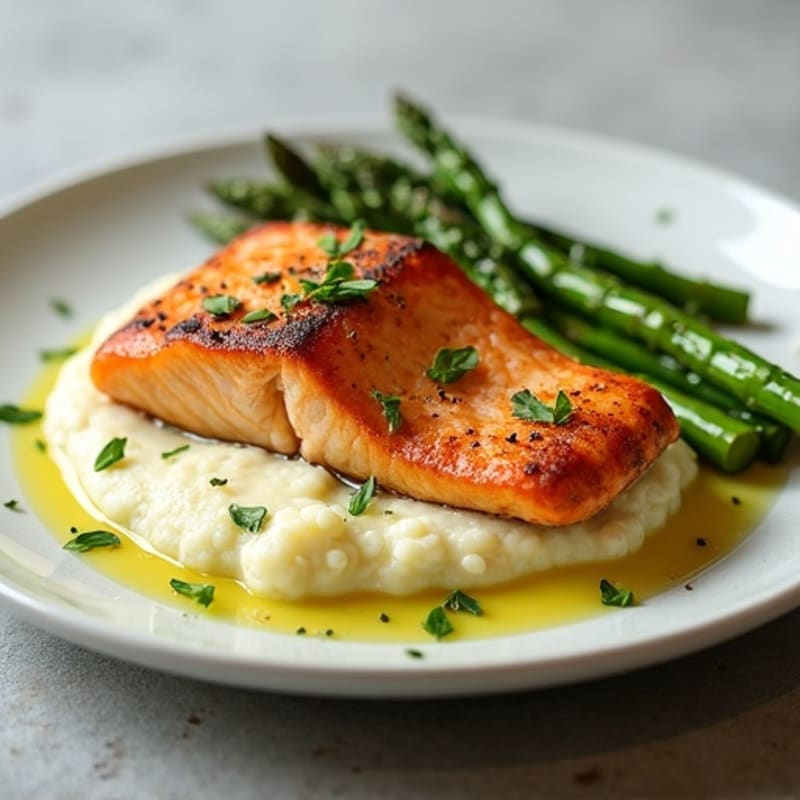Seared Salmon Filet with Roasted Asparagus and Cauliflower Mash