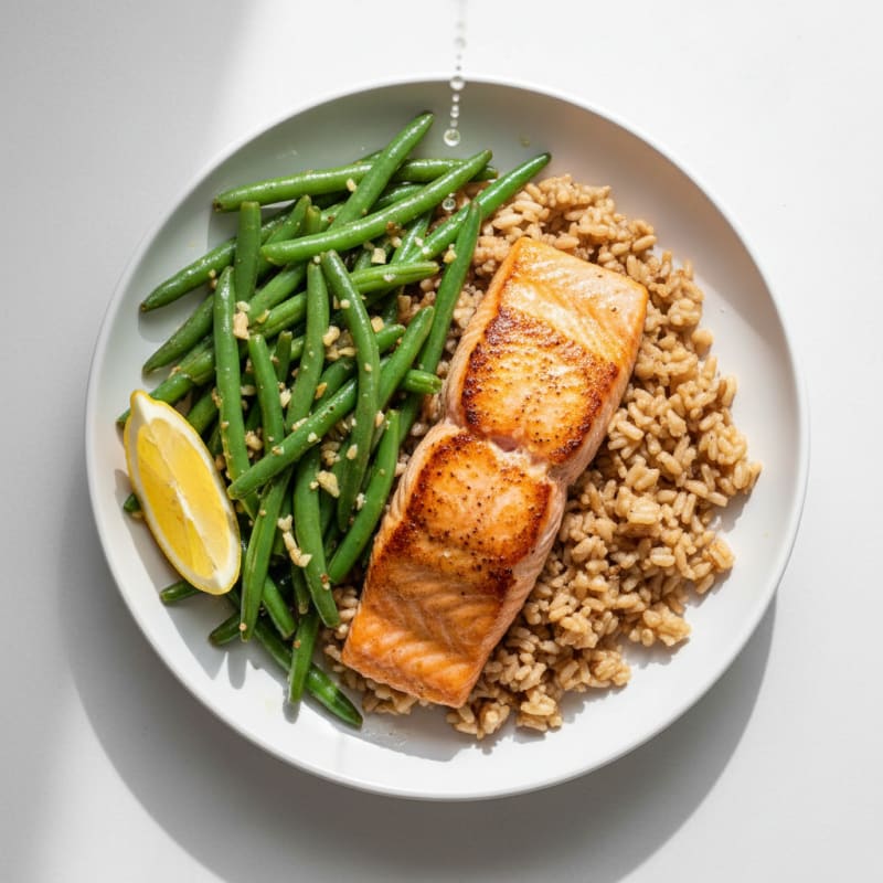 Seared Salmon Filet with Garlic Green Beans and Brown Rice