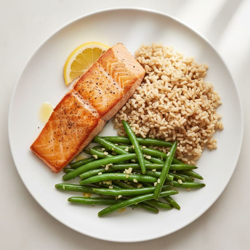 Seared Salmon Fillet with Garlic Green Beans and Brown Rice
