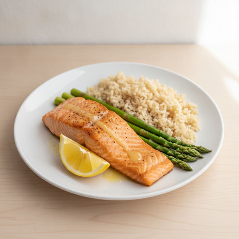 Seared Salmon Fillet with Steamed Asparagus and Brown Rice