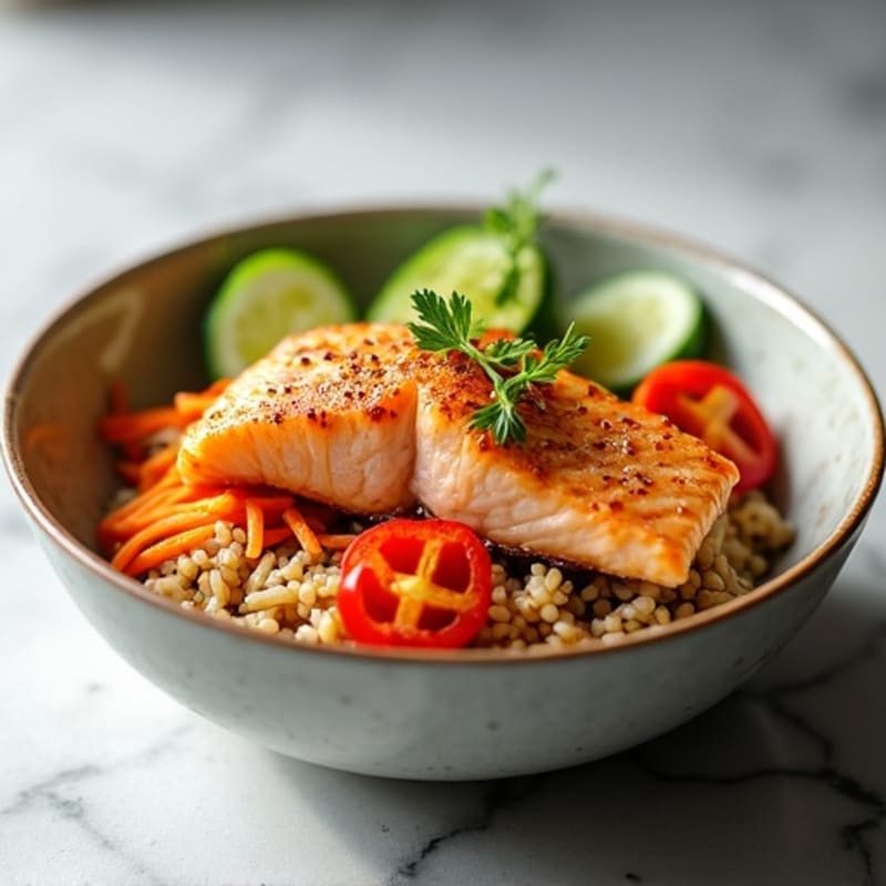 Flaky Pan-Seared Salmon and Crunchy Vegetable Rice Bowl