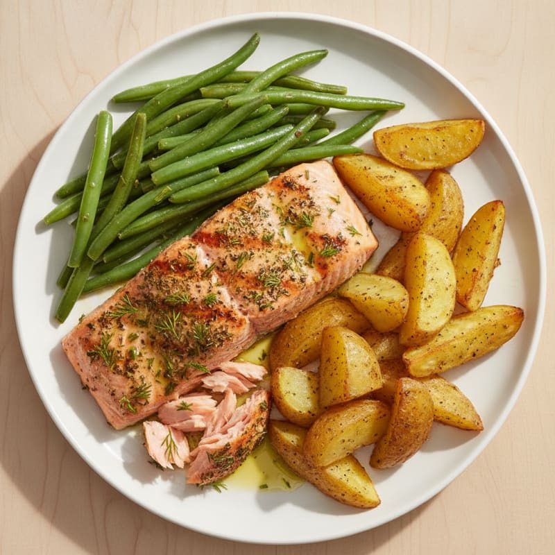 Herb-Grilled Salmon with Steamed Green Beans & Baked Fries