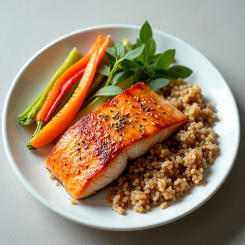 Pan-Seared Salmon with Sesame-Ginger Brown Rice and Fresh Crisp Vegetables