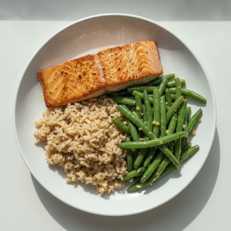 Seared Salmon with Garlic Green Beans and Brown Rice