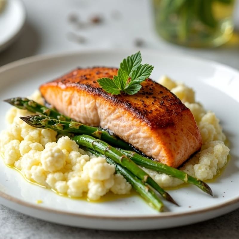 Seared Salmon Fillet with Roasted Asparagus and Cauliflower Mash