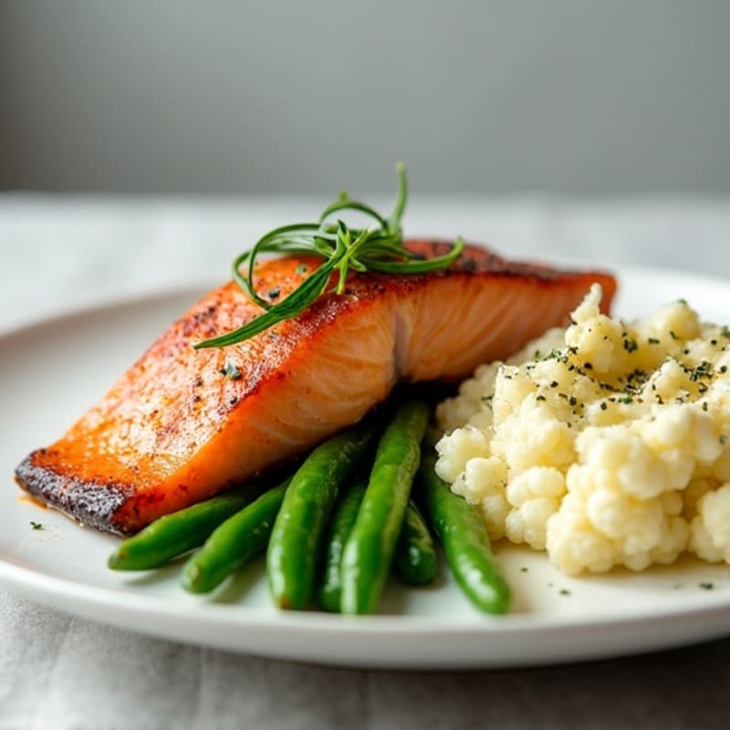 Seared Salmon Fillet with Steamed Green Beans and Garlic Mashed Cauliflower
