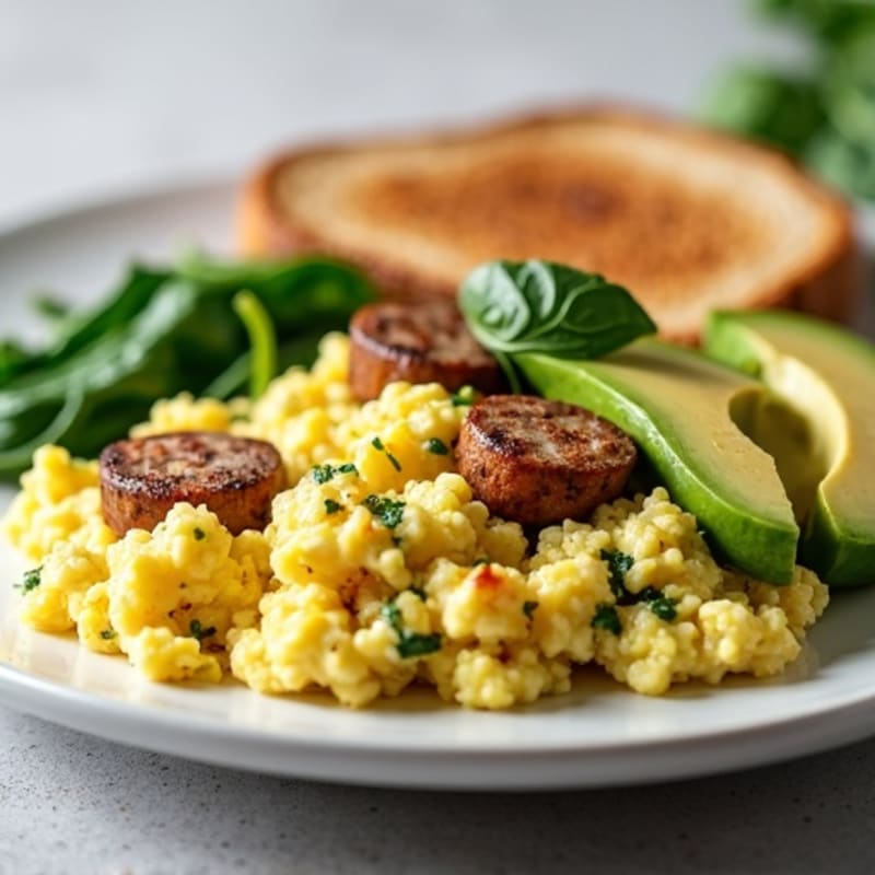 Egg White Scramble with Sautéed Spinach, Turkey Sausage, Whole Grain Toast & Avocado