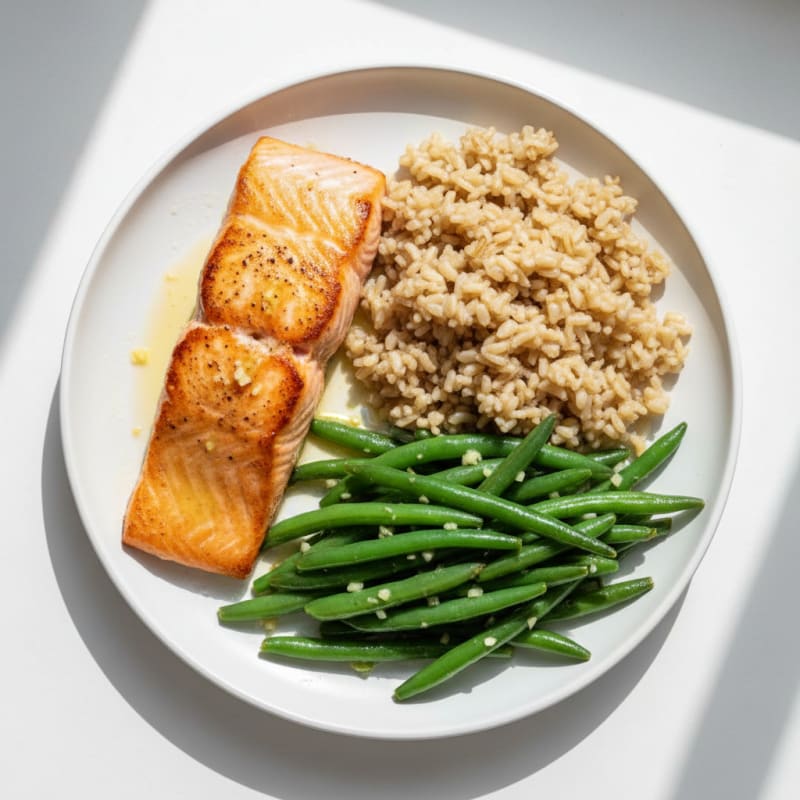Seared Salmon with Garlic Green Beans and Brown Rice