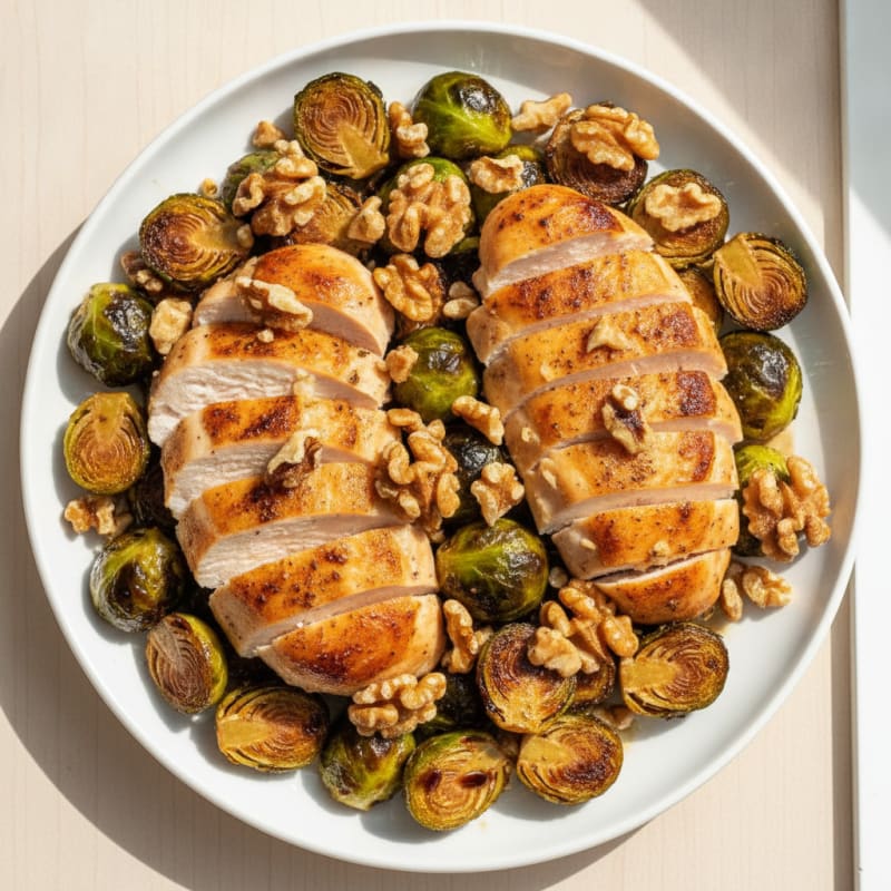 Balsamic-Glazed Brussels Sprouts with Roasted Chicken and Toasted Walnuts
